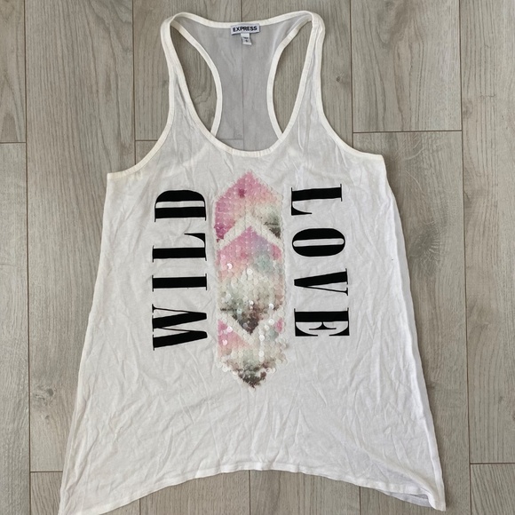 White Racer Back Knit Graphic Tank Tee With Mesh Back And Pastel Sequin Details - Picture 10 of 14